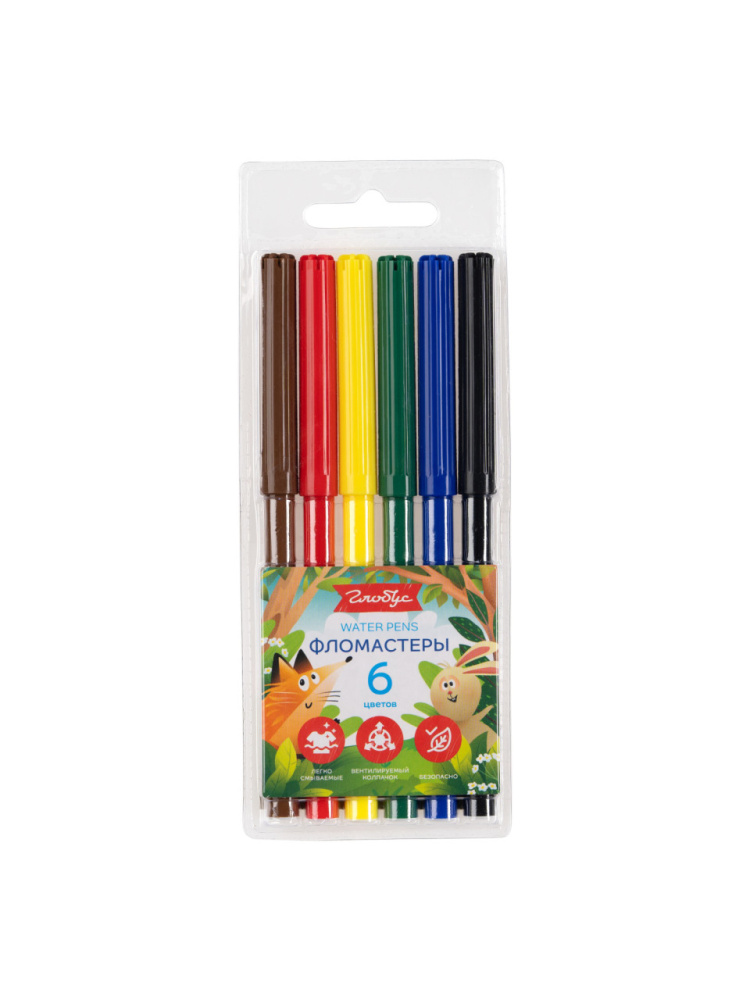 Фломастер 6 цв. Globus смываемые ПВХ, европодвес Ф6