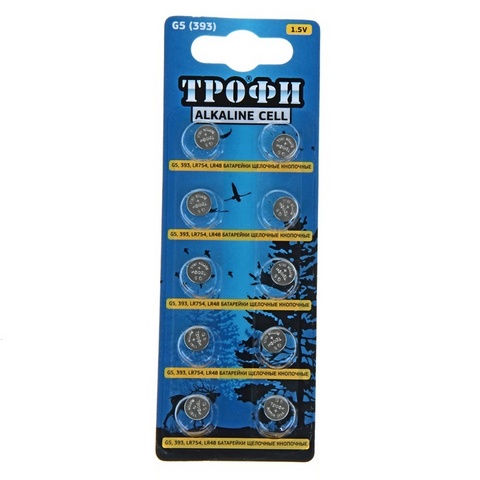 Батарейка G5 (393)  LR754, 48 1 шт. ТРОФИ 