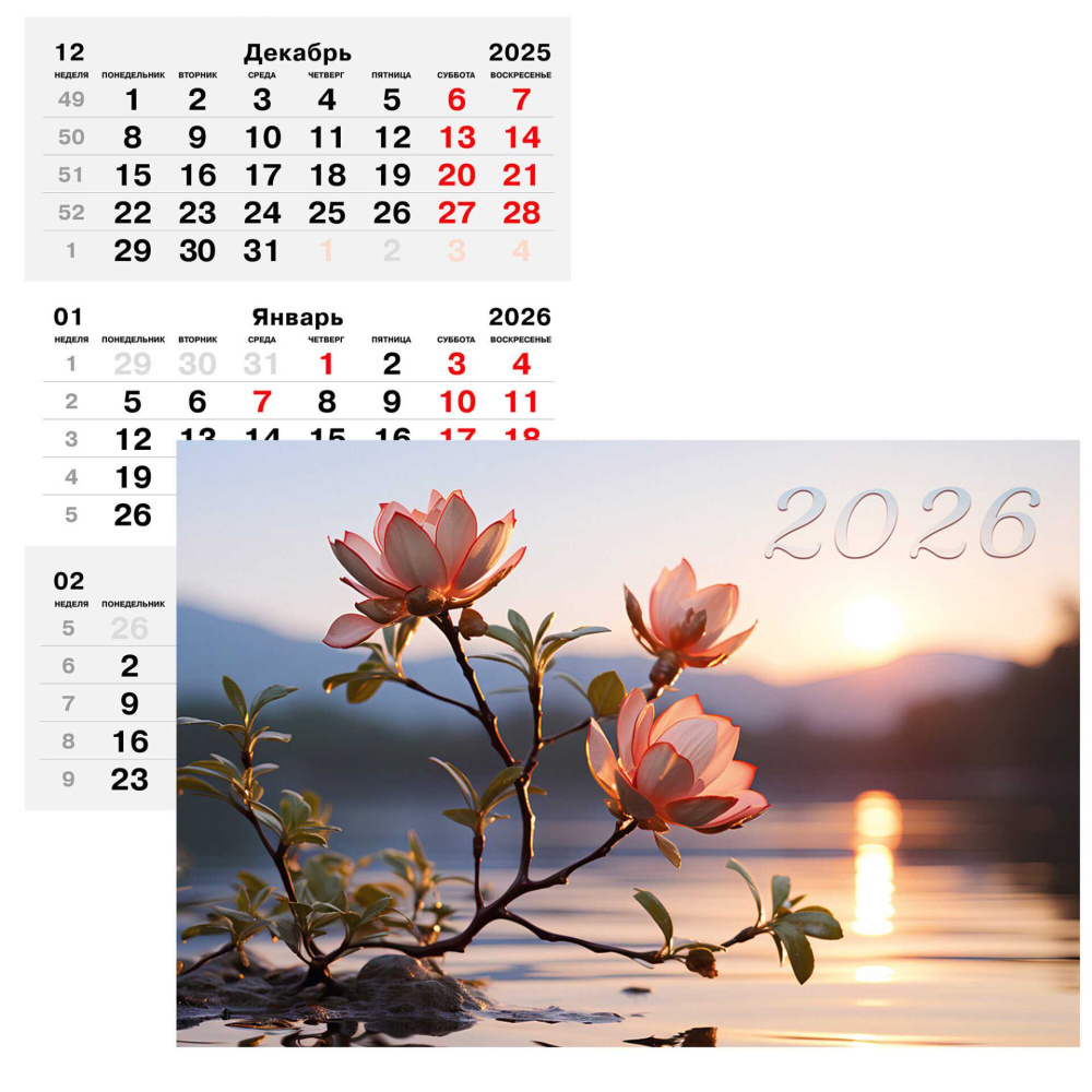Календарь 3-секционный Цветочки на закате 2026 ККТ2607
