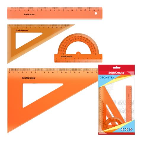 Набор чертежный средний ЕК Neon оранжевый 49571 (линейка, 2 треугольника, транспортир)