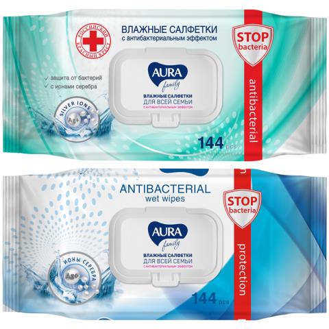Салфетки Влажные AURA Family Антибактериальные 144шт. с крышкой 33541