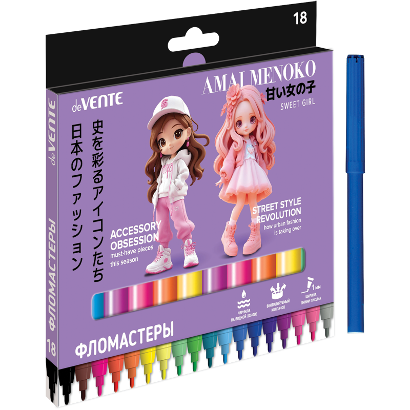 Фломастер 18 цв. deVente Amai Menoko картон.коробка 5082625