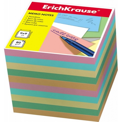 Блок для записей 9х9х9 цветной ассорти ERICH KRAUSEпл.80г/м2 5140 Н150-90