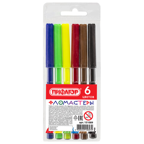 Фломастер 6 цв. Пифагор ПВХ упаковка 151089
