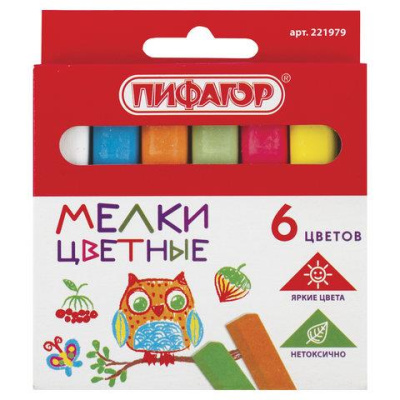 Мел цветной 6 цв. квадратный Пифагор 221979