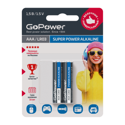 Батарейка LR03 (ААА) GoPower Alkaline 1.5V 2 шт Shrink
