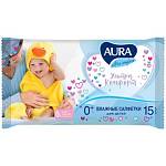 Салфетки Влажные AURA детские 15шт. Без спирта 13398