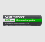 Аккумулятор  ICR18650 GoPower 2000mAh 1 шт. Li-ion PC1 3.7V без защиты плос.конт.