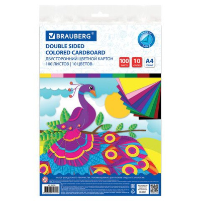 Картон цветной А4 10 л. 10 цв. двусторонний,тонирован.Brauberg 124745